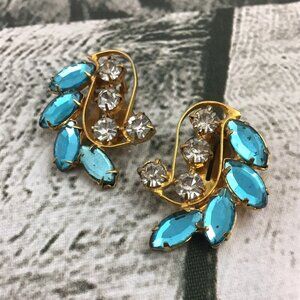Vintage Costume Jewelry Clip-On Earrings Blue Clear Gems Jewels Beautiful Prop